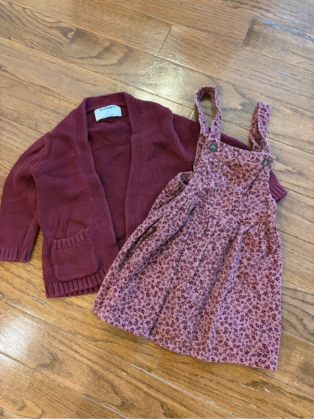Old Navy Girls Burgundy Cardigan & Dusty Rose Floral Pinafore Set